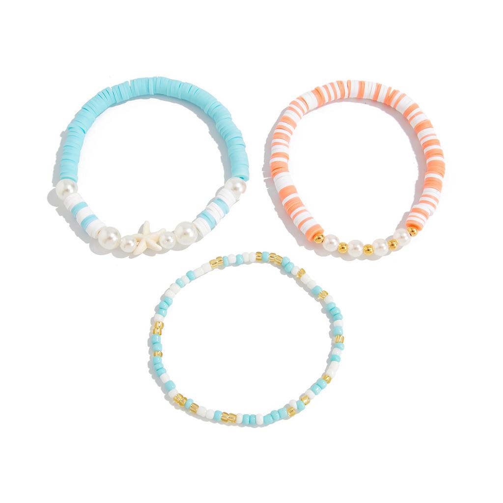 Ocean Wind Starfish Imitation Pearl Bracelet Set, Dopamine Color Rice Bead Beaded Elastic Jewelry
