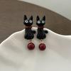 Sweet Cool Cartoon Black Cat Earrings Fashionable Women Personality Temperament Red Pearl Pendant Earrings Simple High-End
