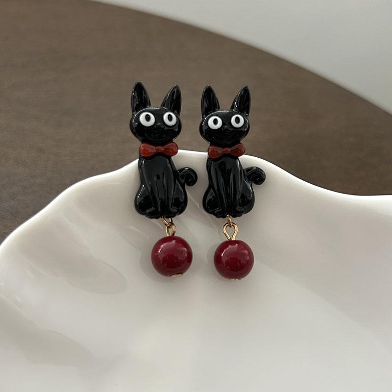 Sweet Cool Cartoon Black Cat Earrings Fashionable Women Personality Temperament Red Pearl Pendant Earrings Simple High-End