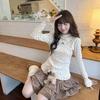 Hong Kong Style Women's Heart Polka Dot Long Sleeve Thermal Fleece T-shirt, Light Apricot Lace Patchwork, Autumn/Winter.