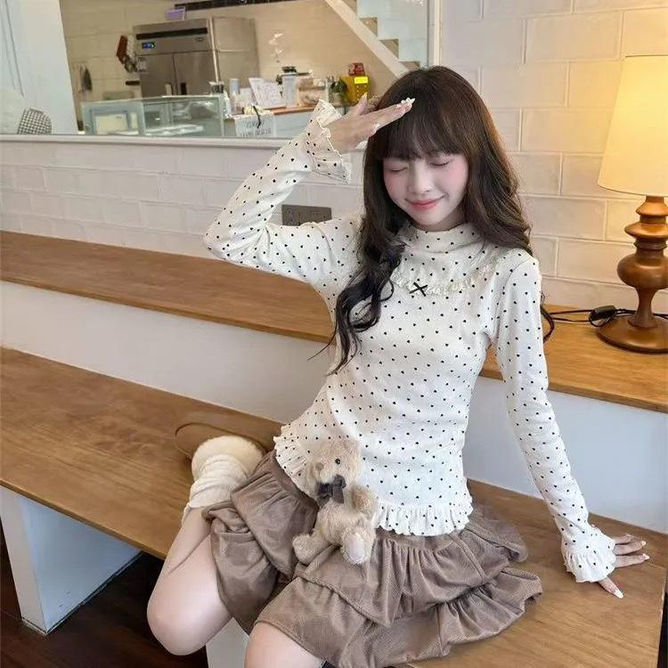 

Hong Kong Style Women s Heart Polka Dot Long Sleeve Thermal Fleece T-shirt, Light Apricot Lace Patchwork, Autumn/Winter. Extra Large абрикосовый света