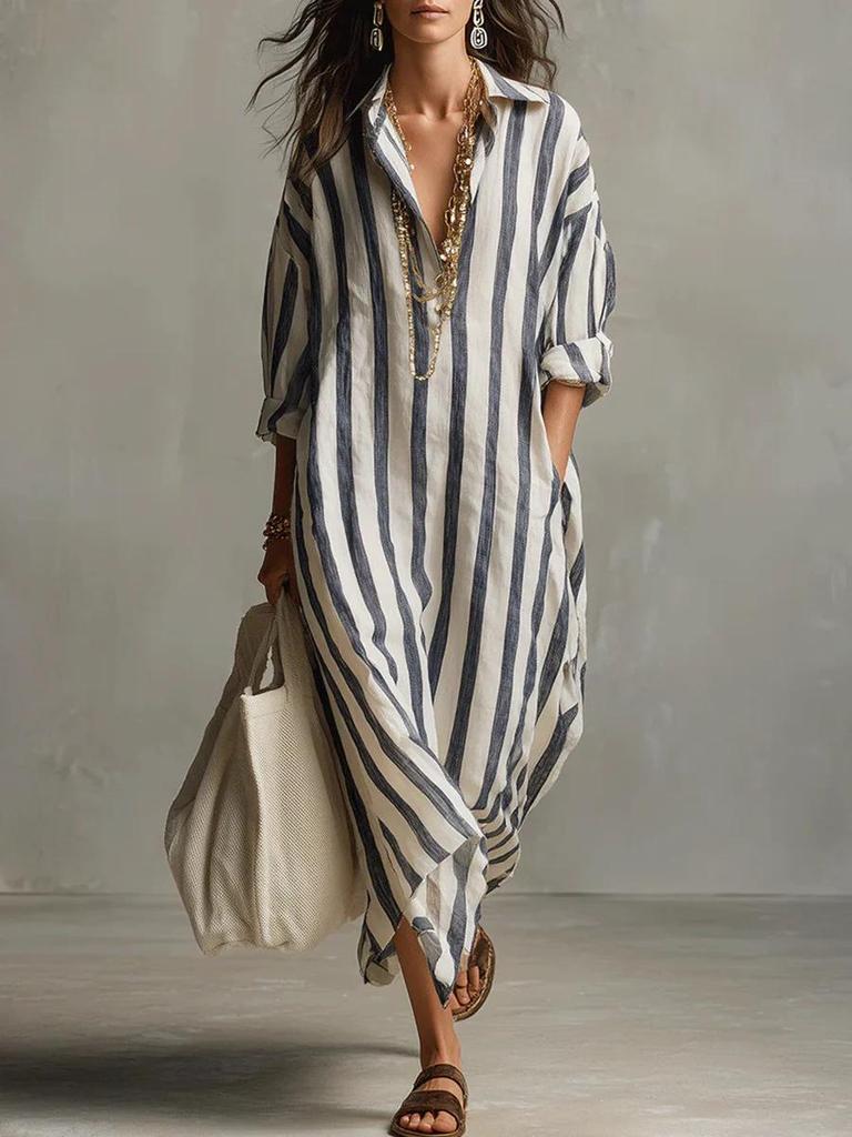 European & American Striped V-neck Summer Shirt Dress with 3/4 Sleeves