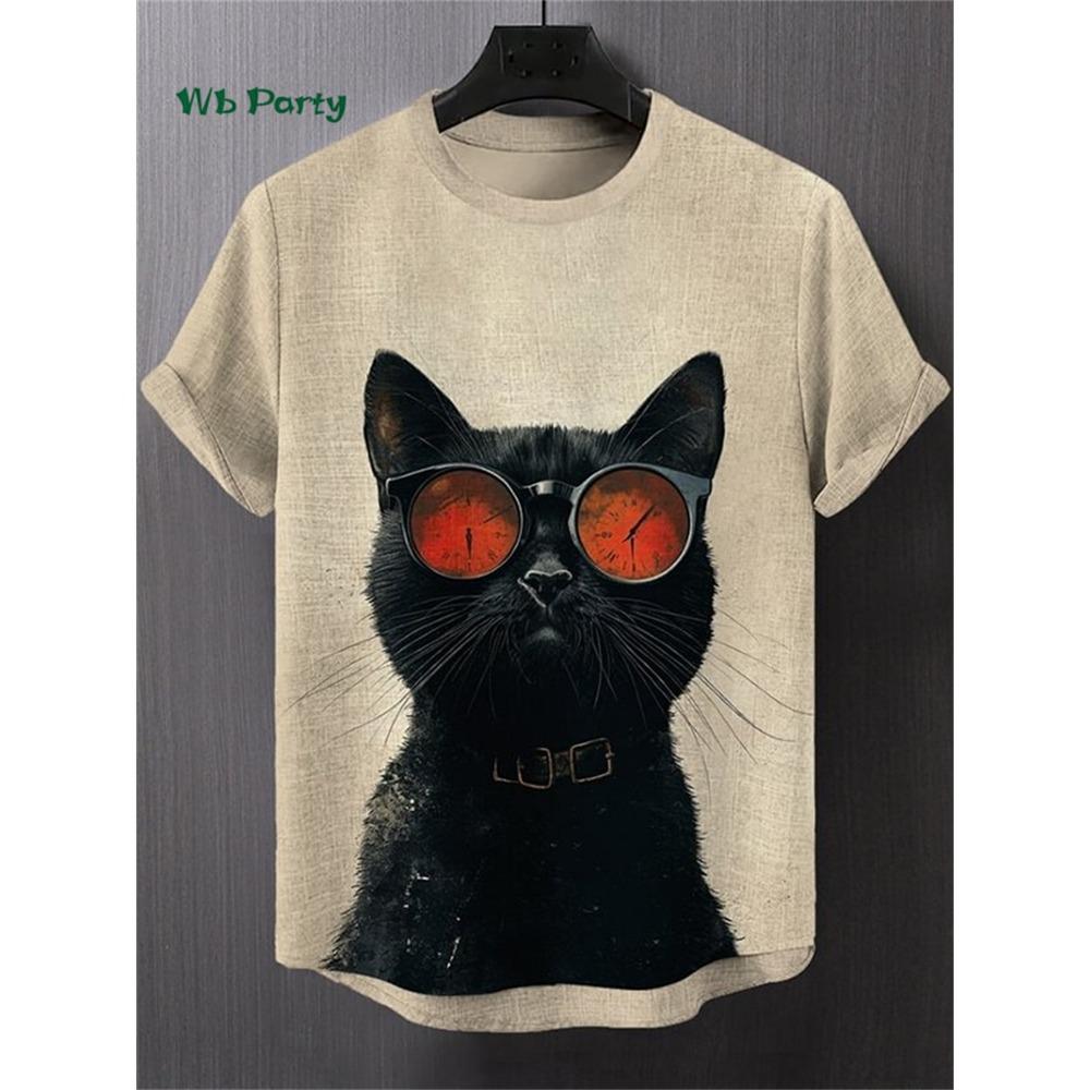 Men's Funny Cat Print T-shirt, Fashionable Personality Short Sleeve T-shirt, Plus Size Tops For Party And Street, Men's Casual Summer Clothing