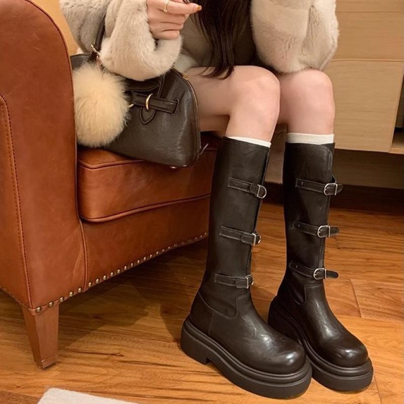 Fashionable belt buckle round head thick-soled versatile short boots knight boots women's autumn and winter