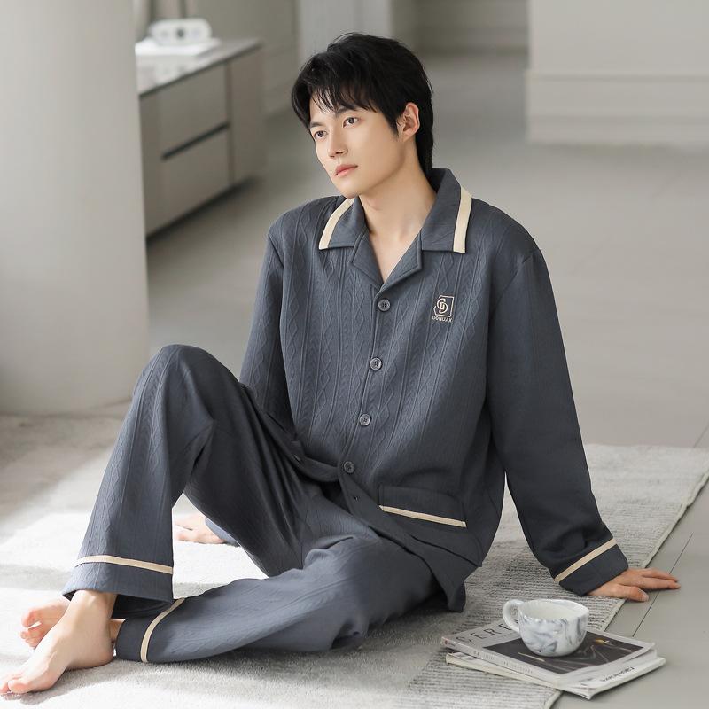Pajamas Men'S Spring And Autumn Thickened Cotton Long Sleeve Men'S Autumn And Winter Padded Cotton Winter Air Cotton Interlayer Homewear