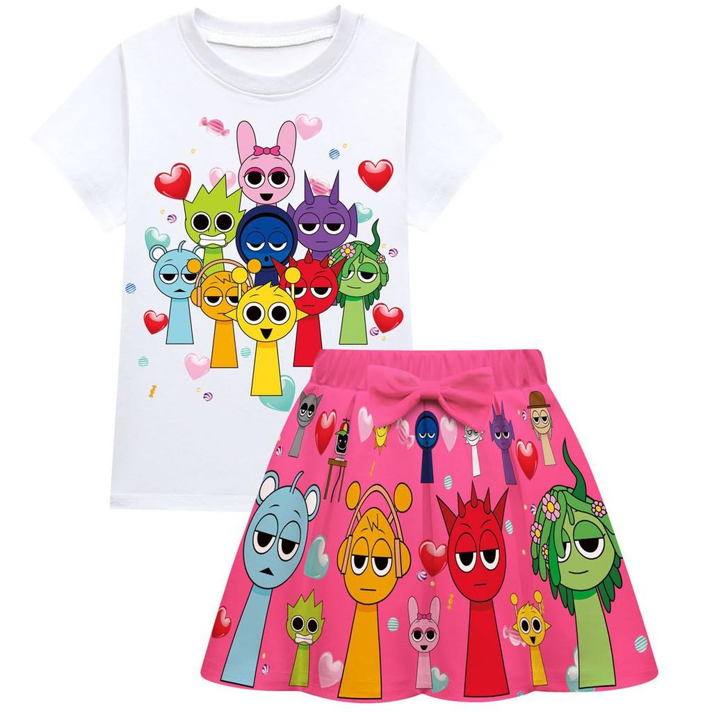 New Rhythm Box Spronki Plush Girls' Short Sleeved Pleated Skirt Fashionable Comfortable Summer Cartoon Cute Short Sleeved Printed Set