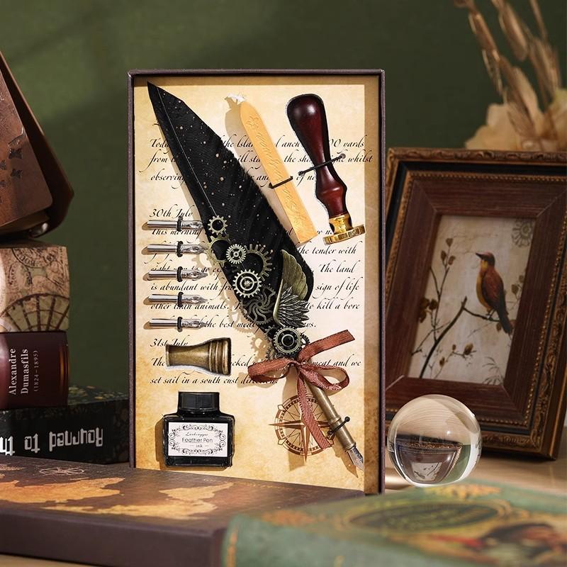 Veer Pen Uil Dip Pen Mechanische Tandwiel Inktzak Pen Geschenkdoos Verjaardagscadeau