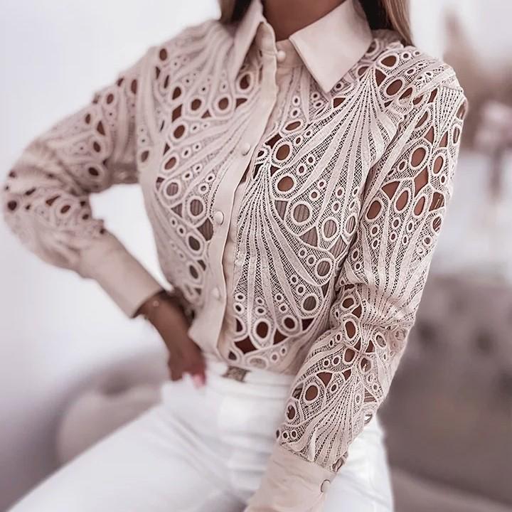 2024 Vielseitiges Damen-Spitzen-Hollow-Langarmshirt für Frühling & Herbst