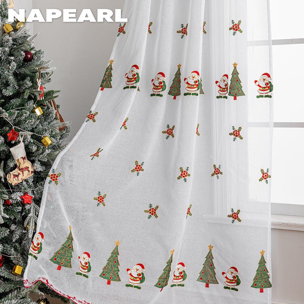 1PC NAPEARL Christmas Style Sheer Curtains Exquisite Embroidered Tulle Curtains for Living Room Bedroom Balcony Window Home Decor