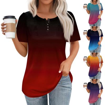 Women's Fashionable Casual Short Sleeve Button Print Round Neck Pullover Top