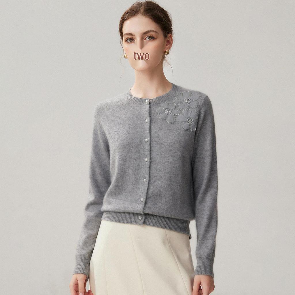 2026 Autumn/Winter Women's Cashmere Cardigan - Round Neck, Cute Style with Three Flower Design, Single-Breasted Jacket