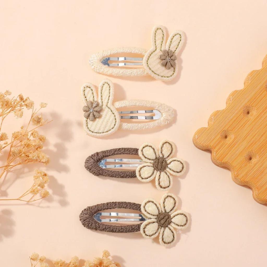 4pcs/set Cute Rabbit Flower Hairclips for Baby Bunny Fabric Hairpins Butterfly Bow Side Broken Bangs Hair Clips Hair Accessories