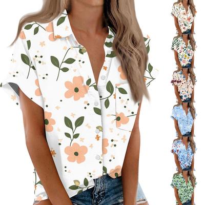 Camisa feminina de manga curta, blusa com botão estampado na moda diária, cardigã com bolso no peito