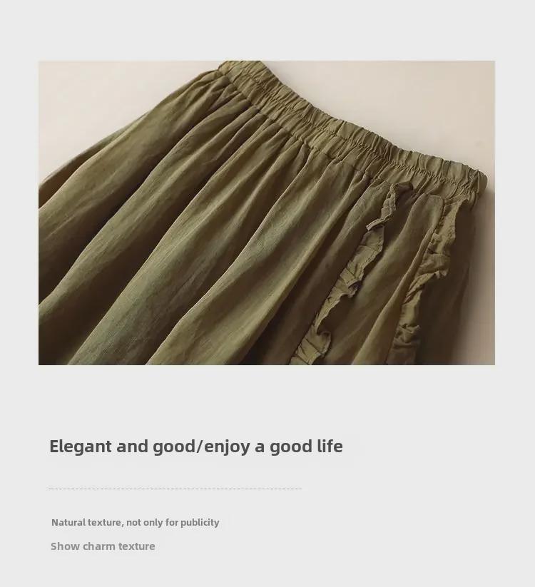 Jupe trapèze taille haute tendance en coton et lin: Mi-long avec bords volantés pour une coupe drapée et amincissante.