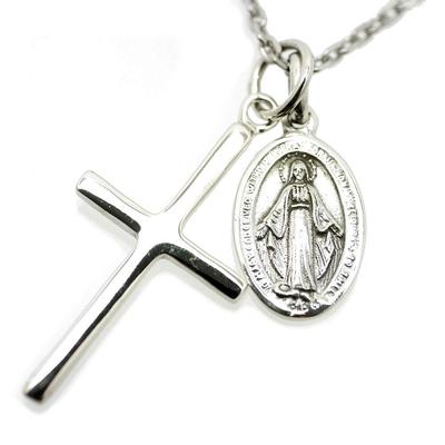 [Silver One] Sterling Silver 925 Miraculous Medal Virgin Mary & Cross Necklace Pendant Set with Chain for Men C1 [Length 50cm]