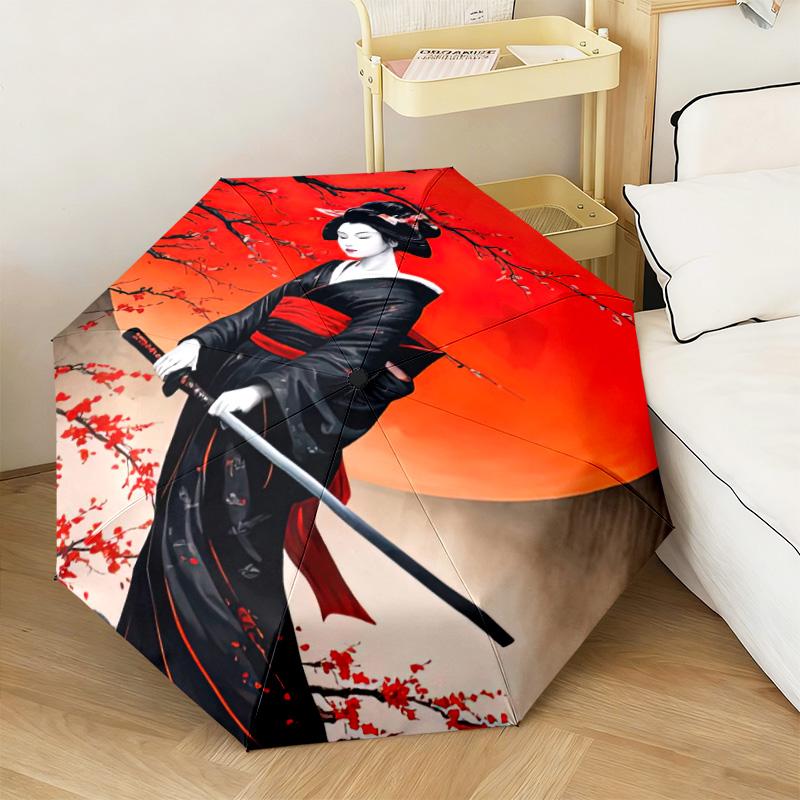 1PC Samurai Sunset Blossoms Automatic Umbrella - Suitable Travel Outdoor Portable Umbrella Birthday Gift Daily Essentials