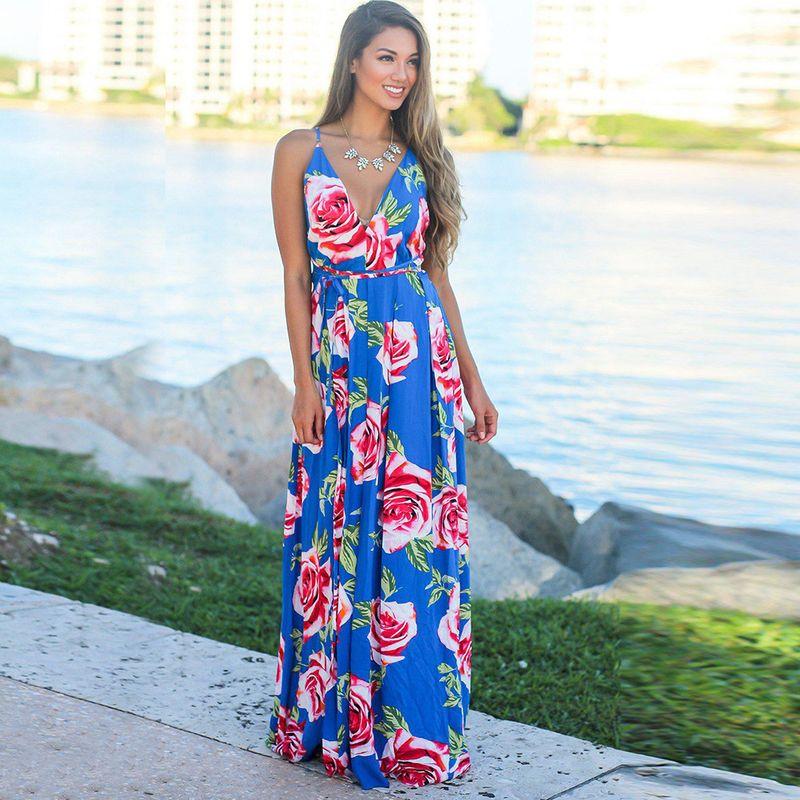 Strap Printed Beach Long Dress for Women Sling Print Beach Dress Women