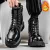Glossy Martin Boots Men's High-top Zipper Locomotive Boots Velvet Cotton Autumn and Winter Men's Boots Thick-soled Heightening Tooling Leather Boots