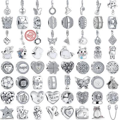 925 Prata Esterlina Estrelas Floco de Neve Guitarra Corações Coroa Pavé Cor Sólida Contas DIY Ajuste Original Charms Pulseira Jóias