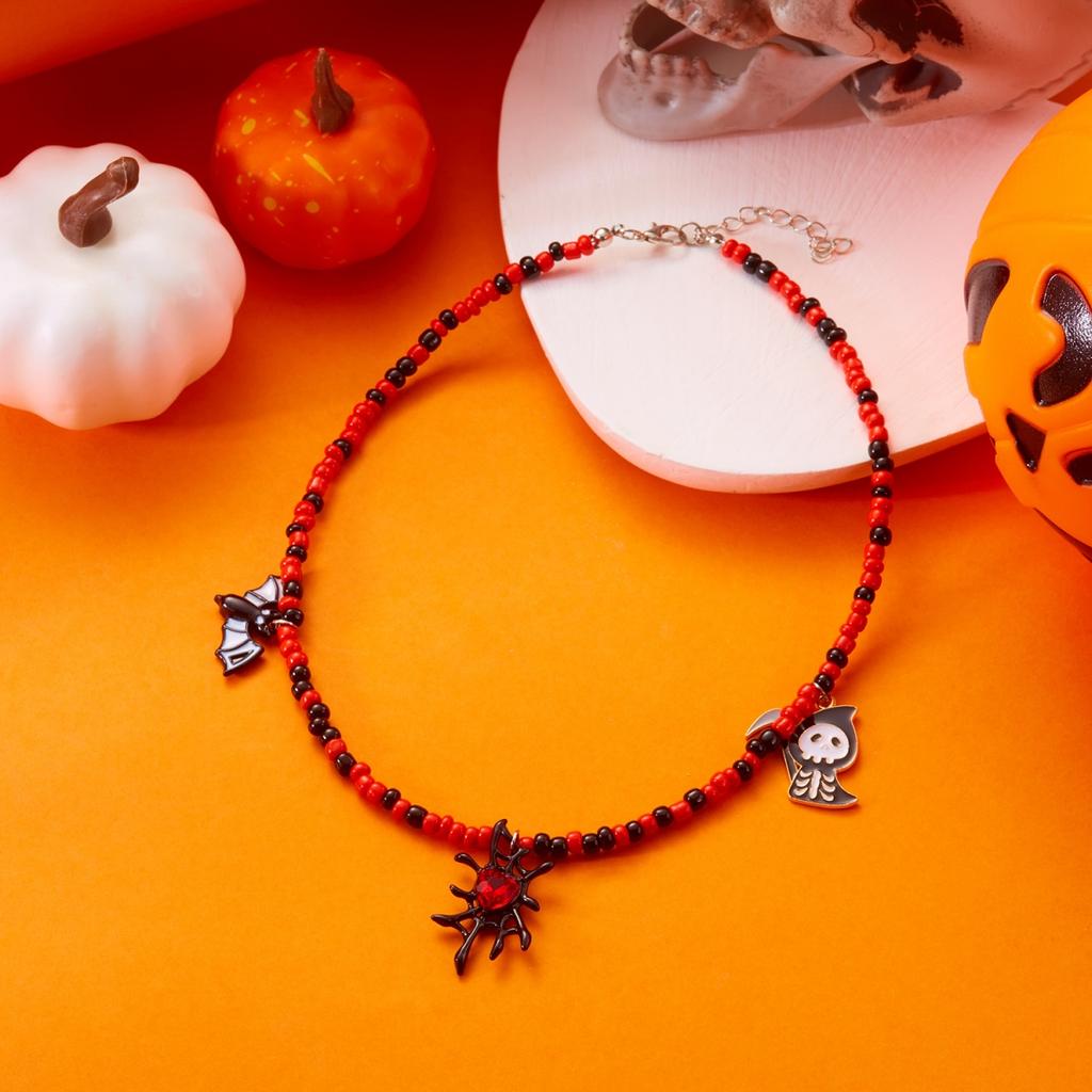 Halloween Halskette Spinnennetz Fledermaus Herz Geist Schwarze Katze Kürbis Anhänger Perle Gotischer Schmuck Für Frauen Männer Party Zubehör Geschenk