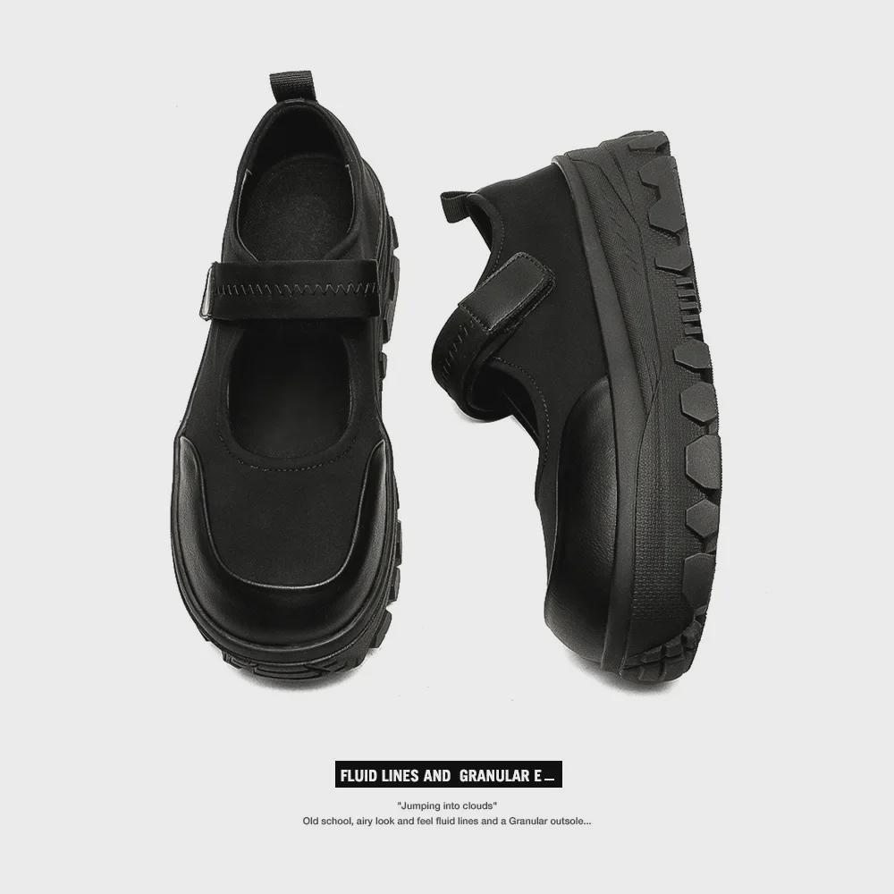 Women's Black Matte Leather Mary Jane Derby Shoes with Thick Sole and Round Toe, Men's Retro British Style.