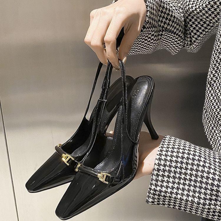 2025 autumn and winter new black patent leather sexy elastic back empty bag head sandals women's thin heel square head high heels
