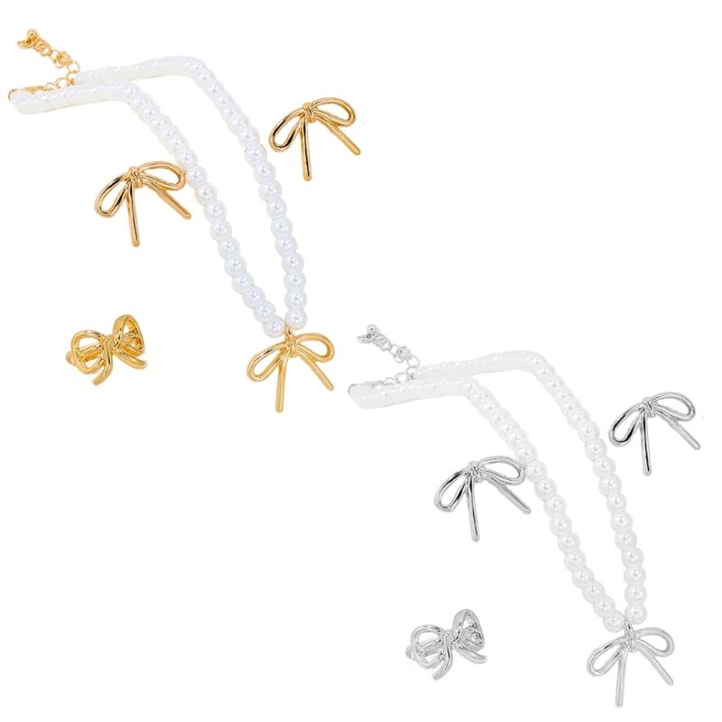 Lovely Bowknot Jewelry Set Dainty Necklace Ear Studs Rings Accessory Elegant Neckchains Earrings Rings Charm Adornment