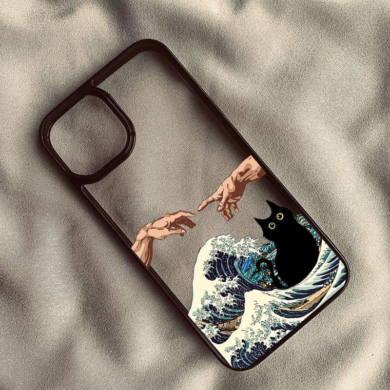 Retro Van Gogh Black Cat Phone Case for iPhone 16 14 15 13 11 12 Pro MAX XS XR 7 8Plus Oil Paint Transparent Hard Cover Cases