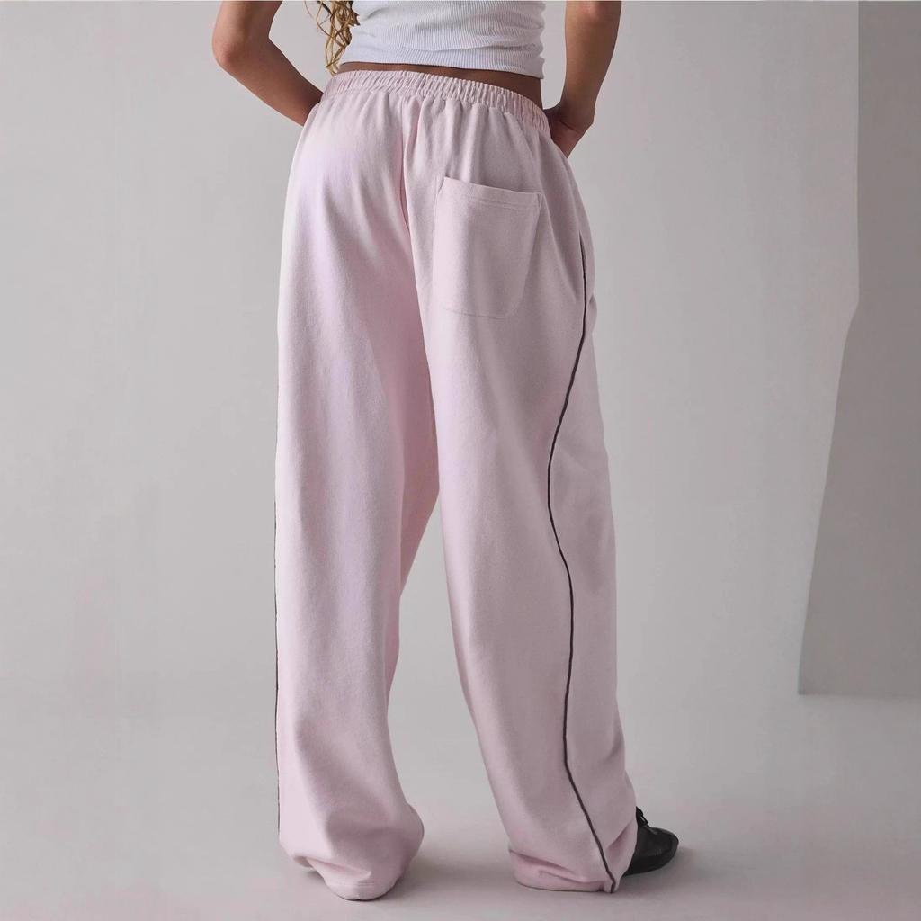 Women's Elastic Waist Straight Leg Long Pants Embroidered Loose Fit Casual Trousers