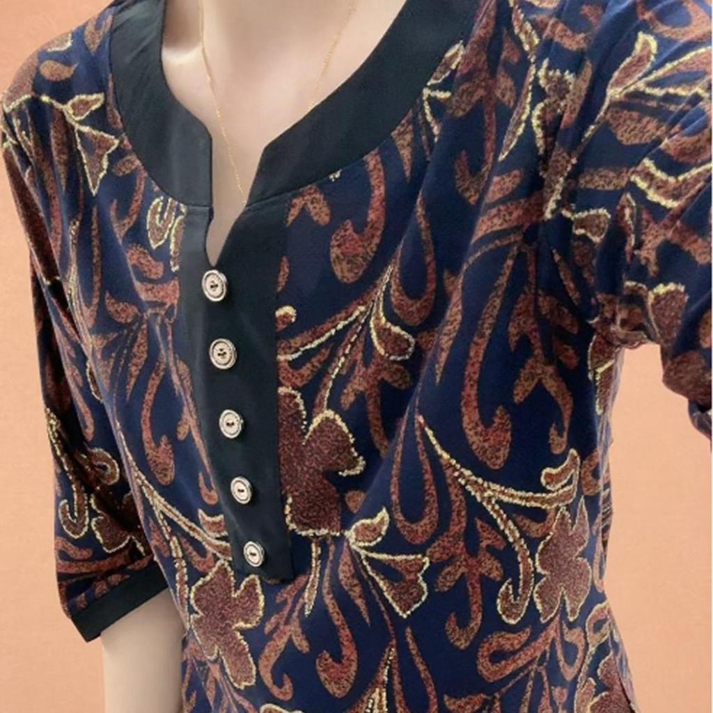 Elegant Women's Plus Size Printed Seven-Sleeve Top