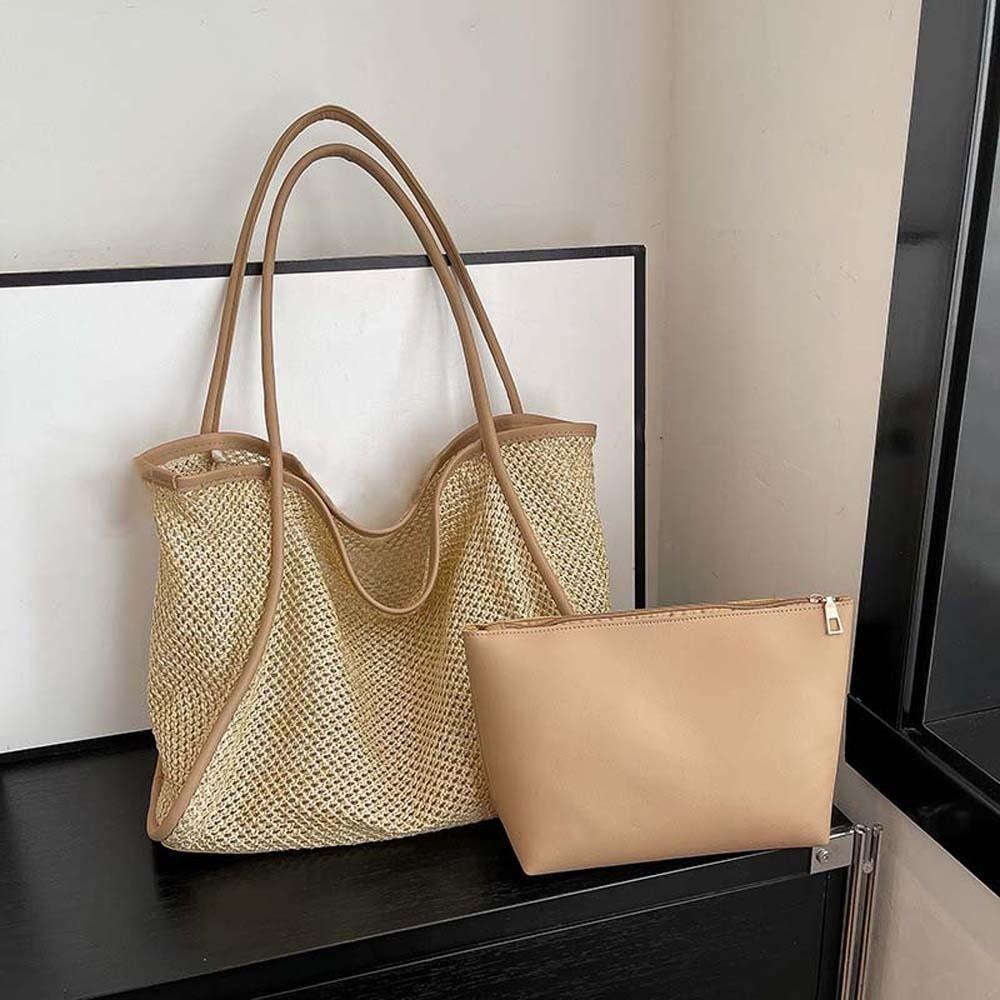 Large Capacity Beach Hollow Composite Tote Lightweight Leather Small Pouch Straw Woven Shoulder Bag Solid Color Polyester