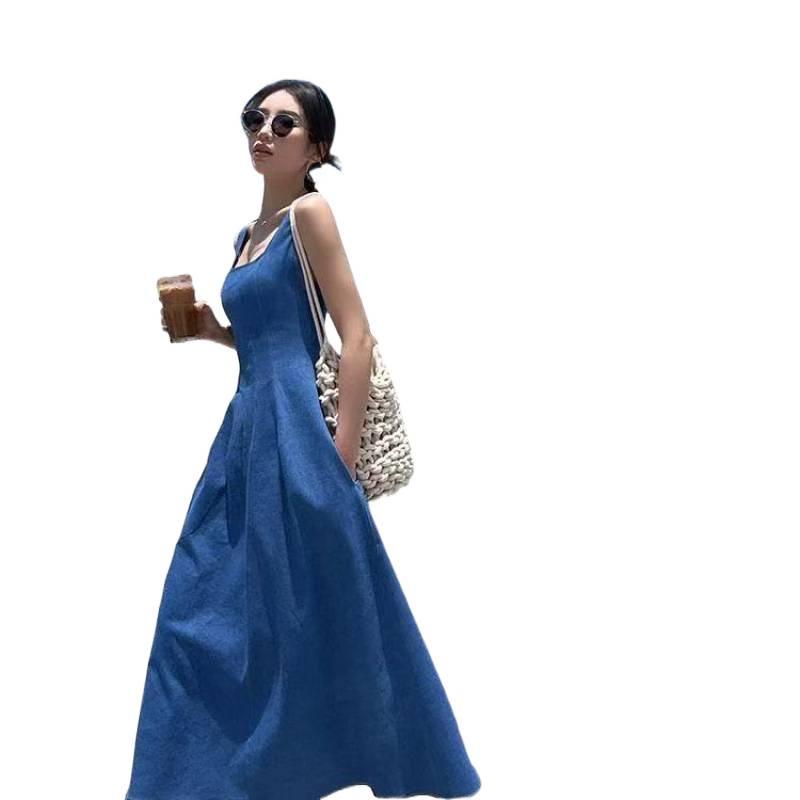 ZQ Ziqing Blue Mist Strappy Denim Summer Dress - Women's Elegant, Waist-Cinching, Niche Design.