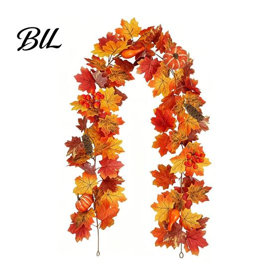 Artificial Maple Leaf Garland Fall Wreath, Autumn Vine with Pine Cones Pumpkins, Reusable Decorations for Home Hanging Decor Thanksgiving Harvest