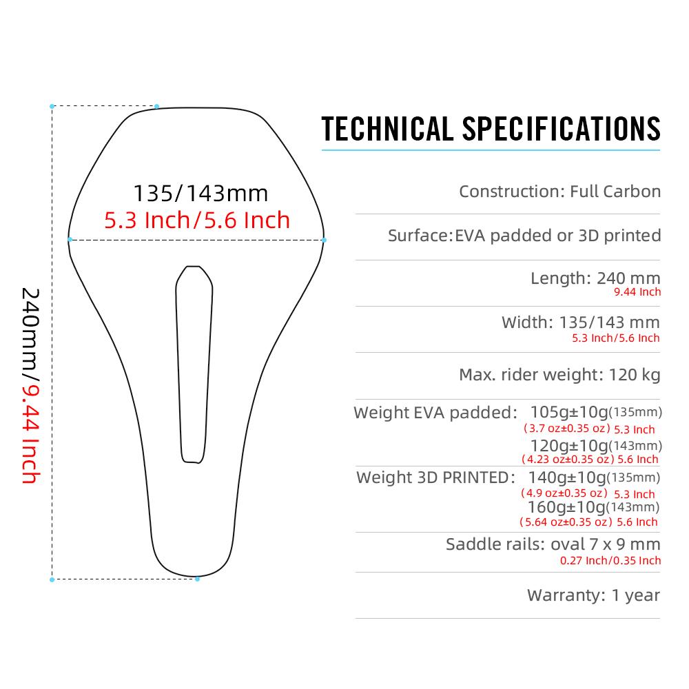RYET 3D-gedruckter Fahrradsattel, ultraleichter Carbonsattel, 135/143 mm, 105 g, Fahrradsattel für MTB, Schotter, Rennrad, Sitz, Fahrradteile