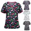Frauen Kurzarm V-Ausschnitt Cartoon-Muster Tops Arbeitsuniform T-Shirts