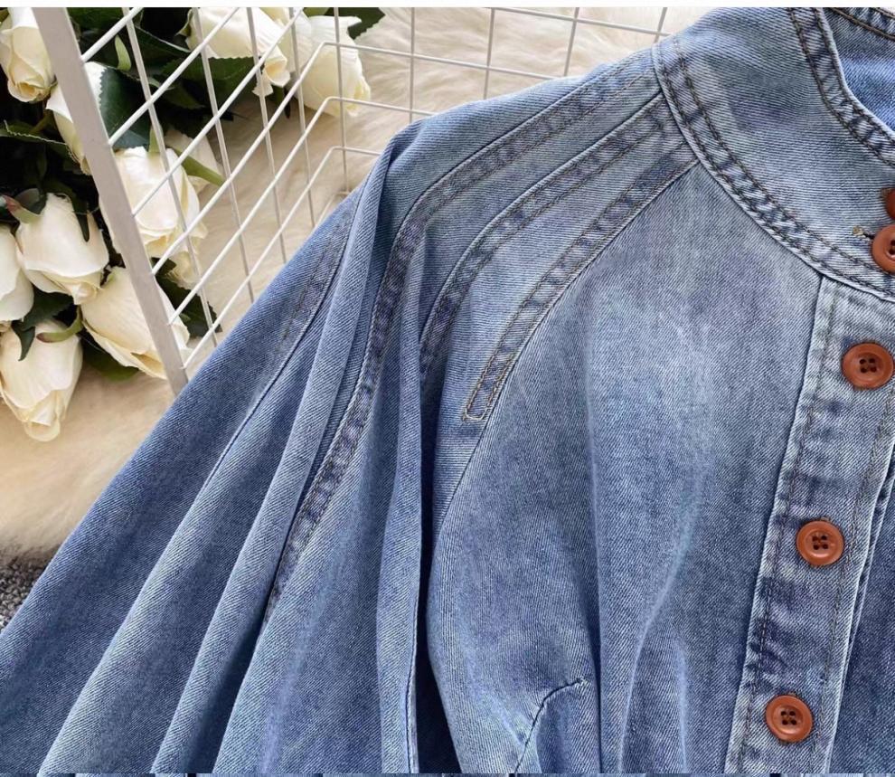 Retro Light Luxury Denim Top with Tie-Waist and Lantern Sleeves