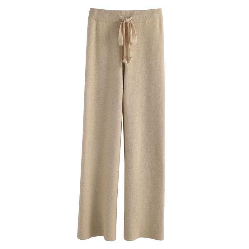 Dámské kalhoty se širokými nohavicemi z měkké vlny na podzim/zimu - Bílé splývavé pletené kalhoty v mopovacím stylu