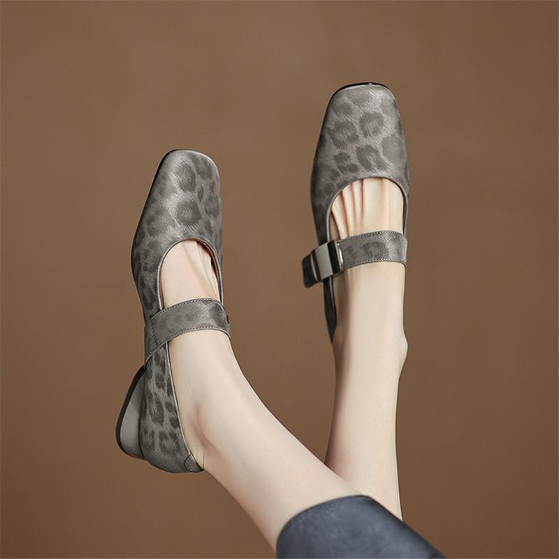 Fashion 2025 New Spring/summer Leopard Print Cow Leather Woman Shoes Square Toe Low Heel Women Pumps Shoes for Women Mary Jane Shoes