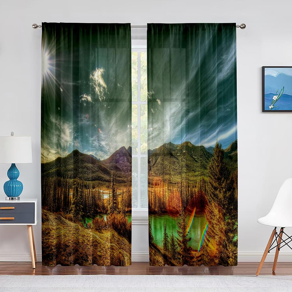 Autumn Mountains Forest Rivers Landscape Tulle Curtains for Living Room Decoration Chiffon Sheer Voile Kitchen Bedroom Curtain
