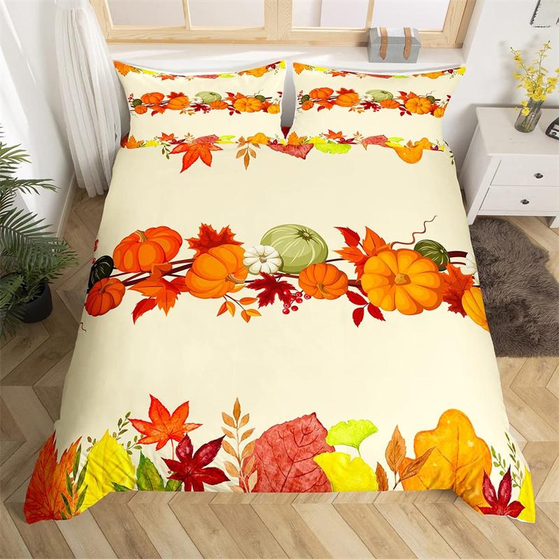Happy Thanksgiving Duvet Cover Fall Maple Leaf Bedding Set Microfiber Gnome Gold Pumpkin Farm Harvest Comforter Cover King Size