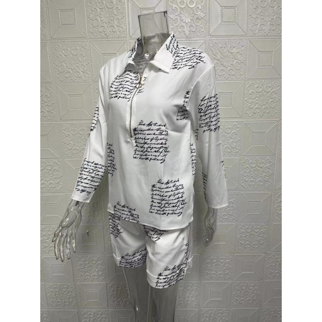 Women's sets summer long-sleeved lapel printed zipper shirt shorts clothes sale