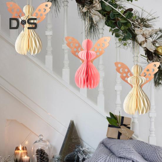 Angel Honeycomb Ornament Paper Angel Hanging Ornament with Sparkling Edge 3D Honeycomb Angel Decoration for Birthday Party Wedding