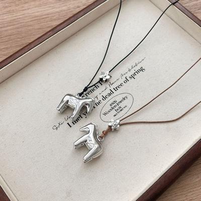 Women's Cartoon Horse Flower Metal Pendant Necklace Long Adjustable Wax Rope Choker Smooth Creative Jewelry