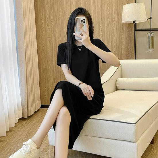 

Платье-футболка в стиле Хепберн черного цвета с коротким рукавом для лета и длинной юбкой для женщин L 111-120 lbs