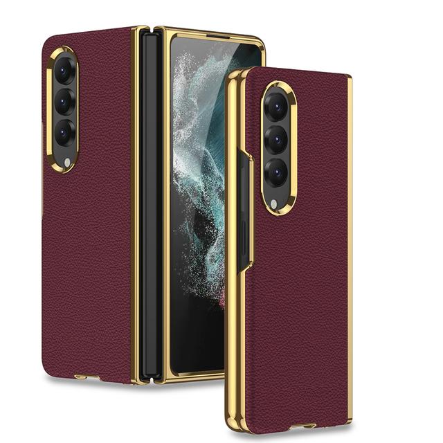 Luxury Electroplated Surface Plain Leather Phone Case For Samsung Galaxy Z Fold 4 Hard Slim Shockproof Back Cover