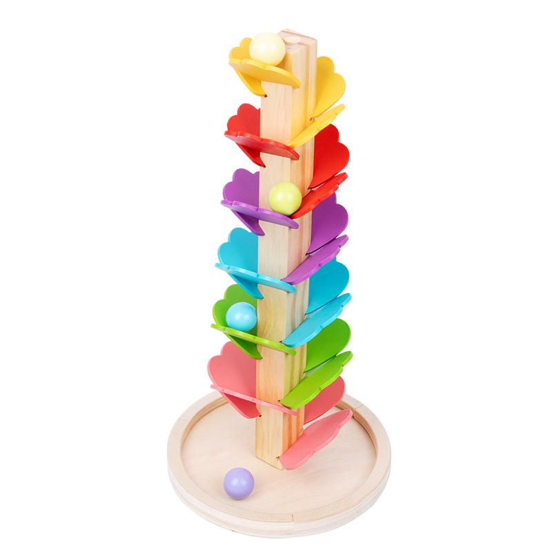 Montessori Rainbow Ball Track Tree: Rotating Leaf Stacker & Musical Wooden Puzzle Toy.