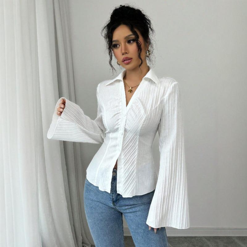 

Women Pleated Flare Sleeve Button Down Shirt Slim Fit V Neck Collared Blouse S белый