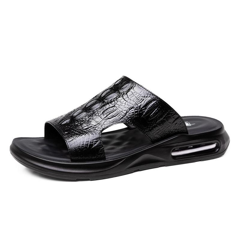 Summer New Shoes for Men Genuine Leather Sandals Crocodile Print Casual Slipper Air Cushion Flip Flops Cool Beach Shoes