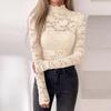 Top da donna a collo alto con maniche lunghe, pizzo colorato traforato, camicetta da stratificare
