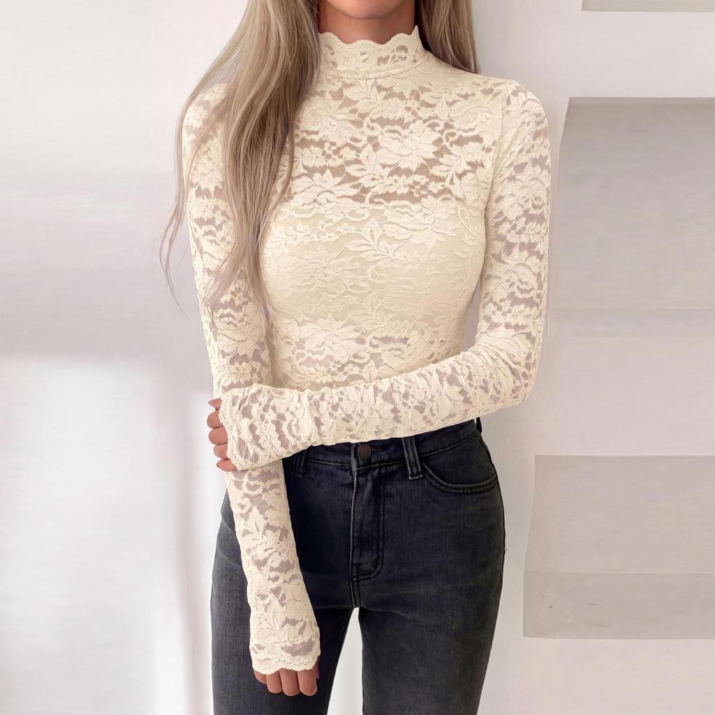 Top da donna a collo alto con maniche lunghe, pizzo colorato traforato, camicetta da stratificare